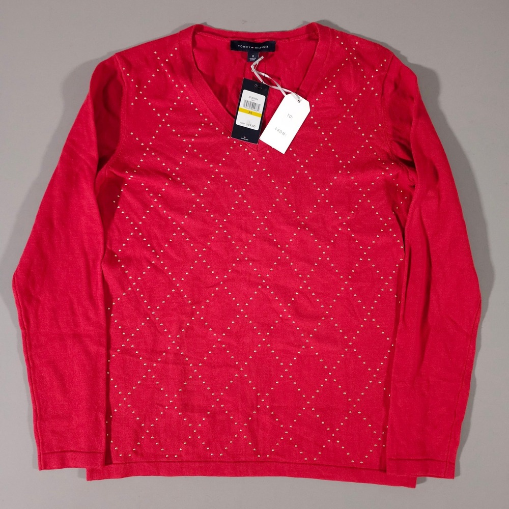 Tommy Hilfiger Sweater Womens M Red Studded Diamond V-Neck Cotton J02S0834